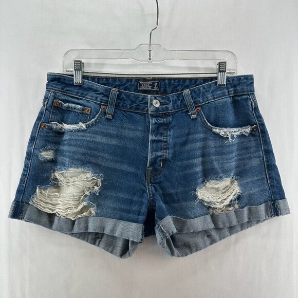 Abercrombie & Fitch Ames Low Rise Boyfriend Short Womens 29/8 Ripped Denim Blue - Picture 1 of 9
